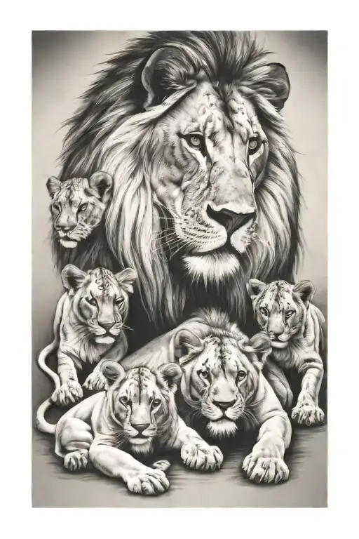 lion and lioness with 6 cubs. lioness protecting the pride tattoo design idea