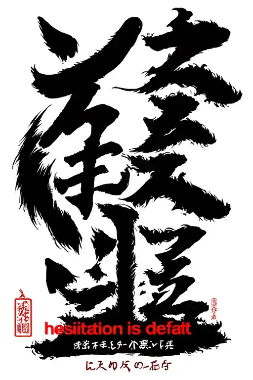 the phrase "hesitation is defeat" is the death kanji in Japanese below, on top of the phrase the silhouette of the sekiro wolf tattoo design idea