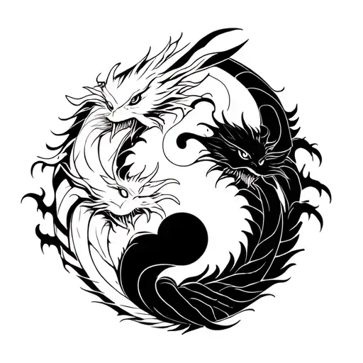 2 dragons 1 white, 1 black circling a yin yang without overlapping the yin yang less detail in the dragon face tattoo design idea