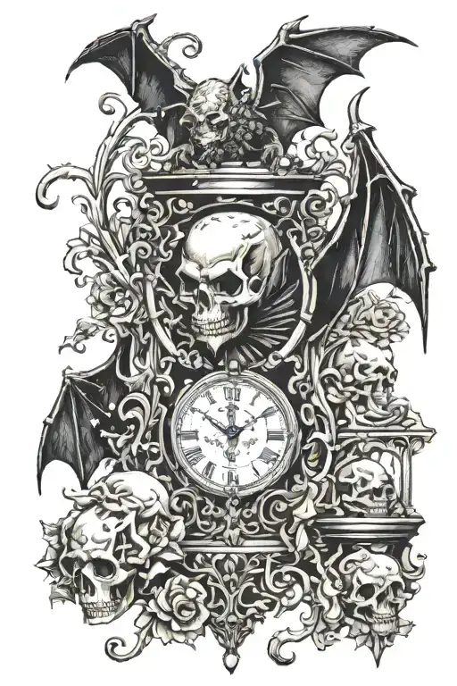 A bat wrapping an hour glass. Blood and small skulls. Lovecraftian horrors. tattoo design idea