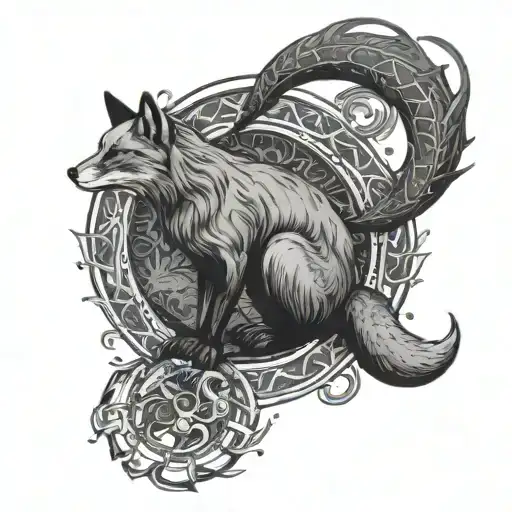 Ouroboros fox tarot devil in red and blue tones tattoo design idea