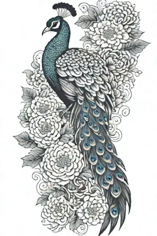 Male Peacock And Chrysanthemum Flowers Japanese Style Around The Arm Line And Shade Work Tattoo tattoo design idea