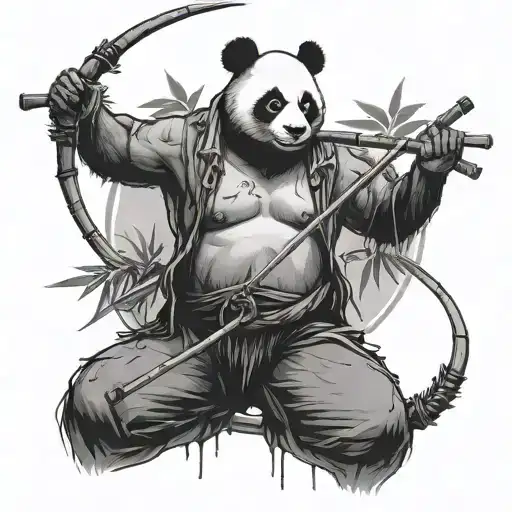 shirtless man with panda mask and bamboo berimbau tattoo design idea