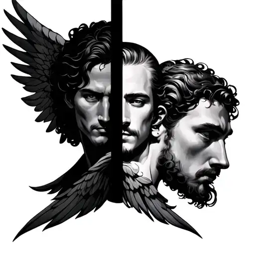 2 man angels only face and between number 17 tattoo design idea