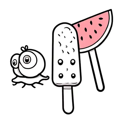 pebble with googly eyes, a cute snail and an ice lolly shaped like a slice of watermelon in a cartoon style tattoo design idea