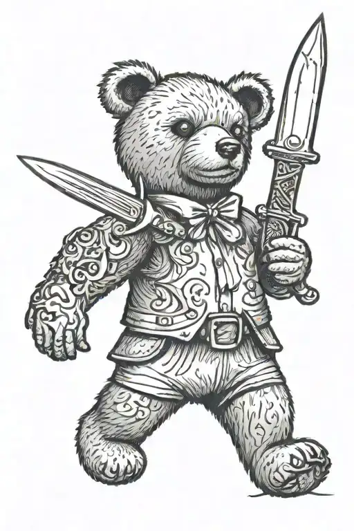 teddy bear holding knife, couple walking in dark, ray gun, tree of life tattoo design idea