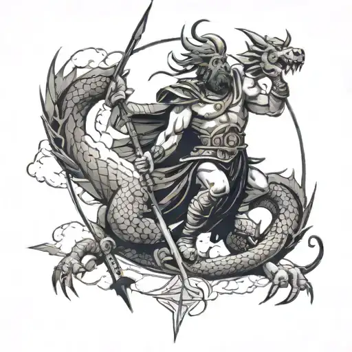 On the left is the Roman God Mars with a spear in his hand, next to him is a dragon. Above them is the light of the sun through clouds and lightning tattoo design idea