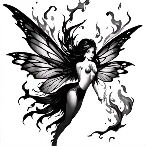 black fire fairy breathing fire tattoo design idea