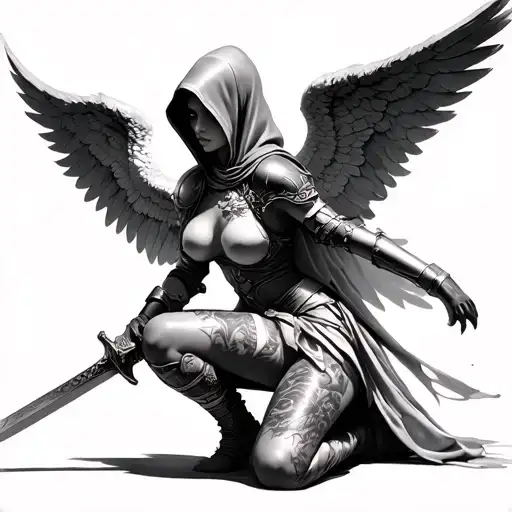 Realistic female battle angel kneeling with sword, hooded, stone statue armor, soft shading, large feathered wings, no b tattoo design idea