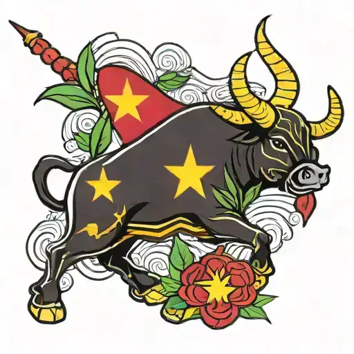 vietnam flag with ox with bamboos tattoo design idea