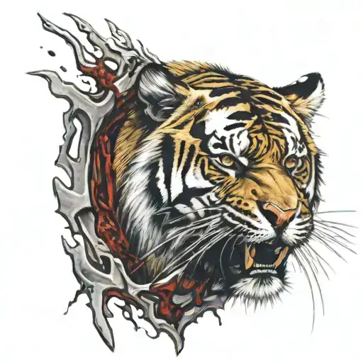 Tiger snarls in motion paws covered in blood coming tattoo design idea