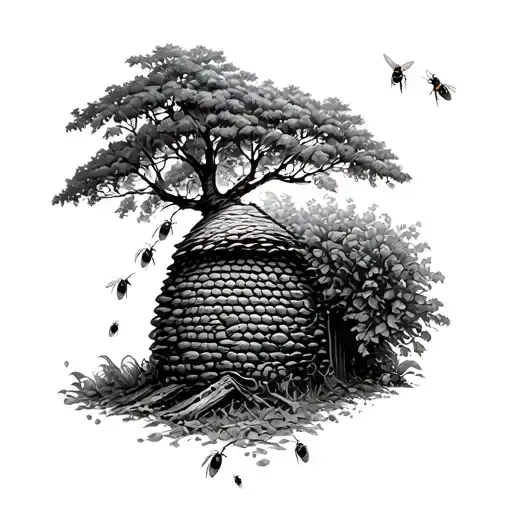 bee hive honey colm falling from tree tattoo design idea