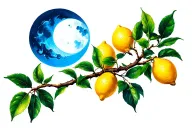 Blue crescent moon and a lemon tree branch tattoo design idea