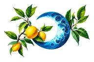 Blue crescent moon and a lemon tree branch tattoo design idea