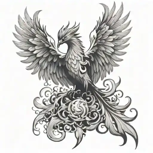 A sensual design of a phoenix rising from ashes, with symbols of creation and rebirth intertwined with musical notes and potion bottles tattoo design idea