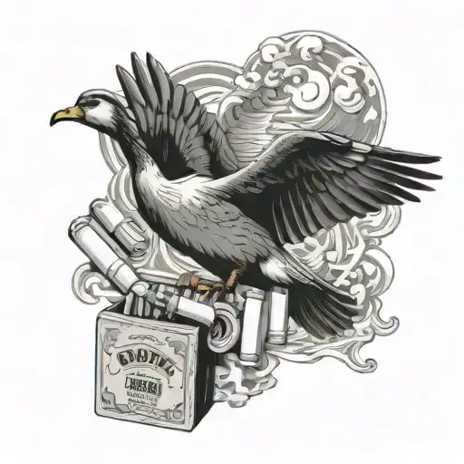 Make me a image of a Pack of cigarettes with a goose on the pack, at the bottom of the pack of cigarettes put 1936-2019  tattoo design idea