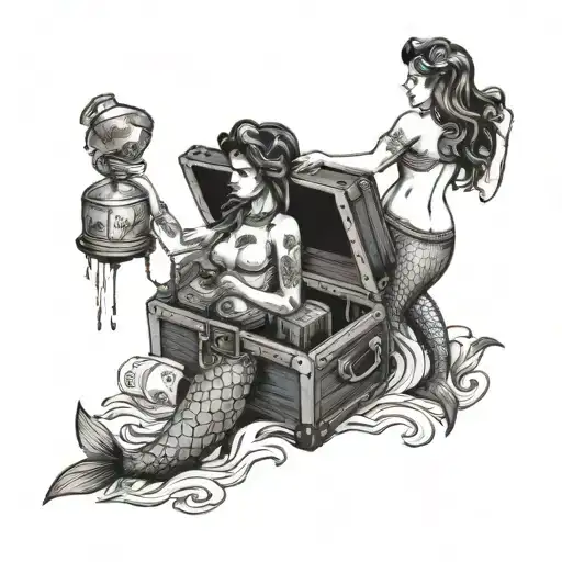 A sexy mermaid holding a treasure chest filled with money and whiskey bottles, with a naval ship in the background tattoo design idea