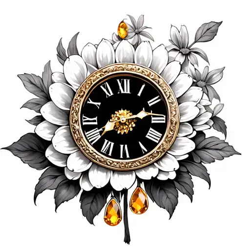 Roman clock at 9:01 PM with chrysanthemum flowers and citrine birthstones tattoo design idea