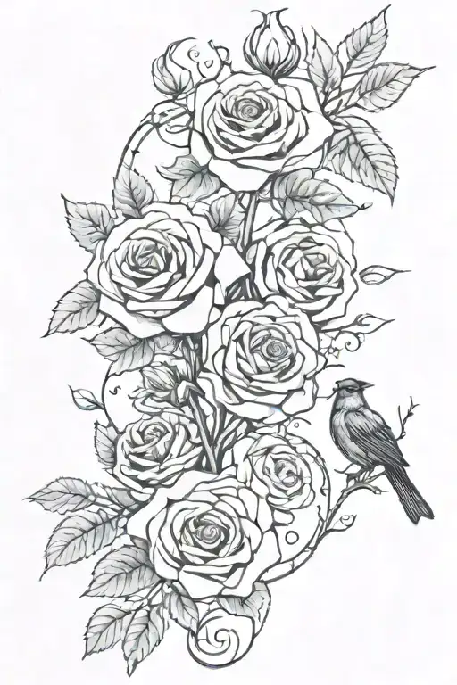 Paw print, Cardinal, Thorned vine wraps around, Blossoming rose, and “III•VII•MMV” in Roman numerals  tattoo design idea