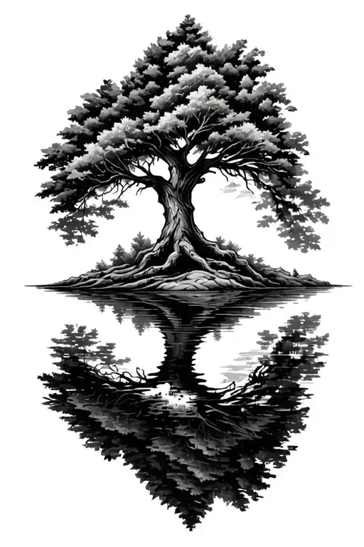 Tree on a loan island. the tree is alive and well however the reflection in the water reveals a tree that is damaged tattoo design idea