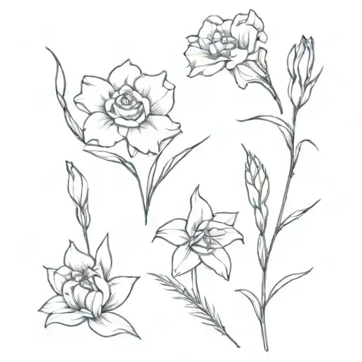 3 dainty flowers, carnation, gladiolus, and narcissus tattoo design idea