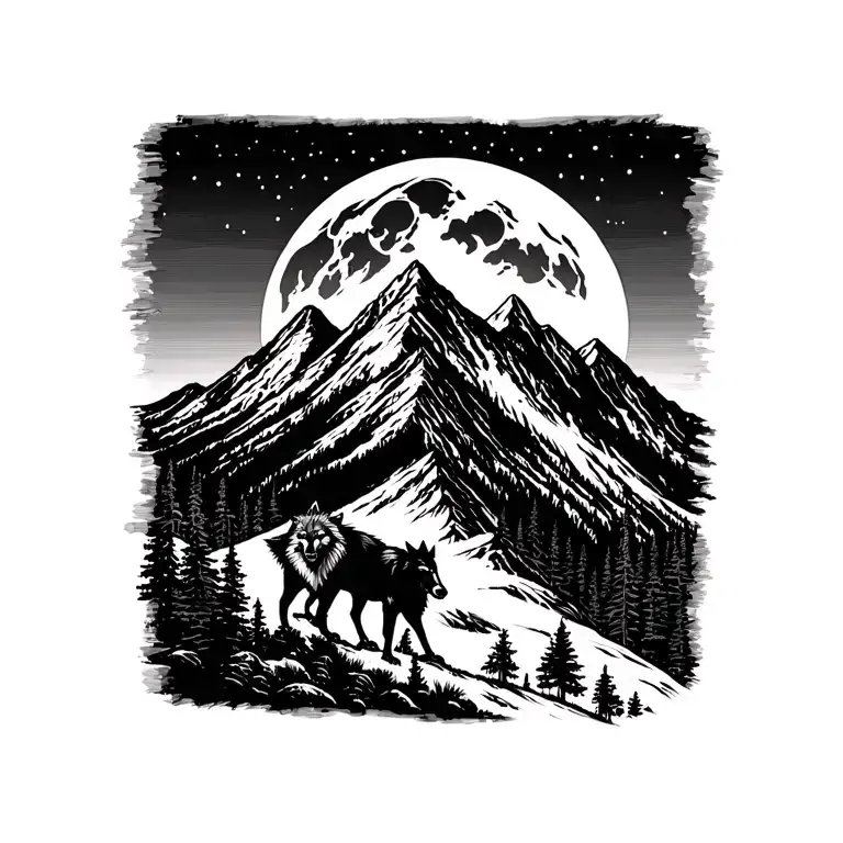 Mountain with full moon in the background that incorporates blackfoot native totem poles and wolves tattoo design idea