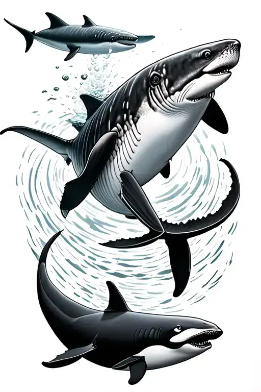 whale shark, manta ray, and orca swimming together tattoo design idea