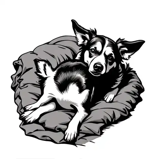black and white hairy mongrel dog lying on a blanket of the three little pigs tattoo design idea