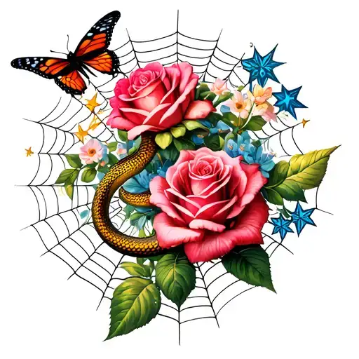 "Focusing on Beauty and Danger" Flowers or roses, spiderwebs, butterflies, stars, color, words, snakes puzzles tattoo design idea