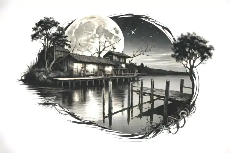 The moon illuminates the lake and the pier tattoo design idea