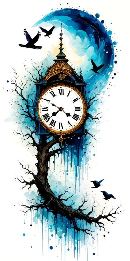 tree and clock and 3 birds tattoo design idea