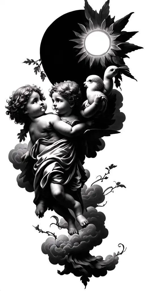 cherubs, sun, clouds and birss tattoo design idea