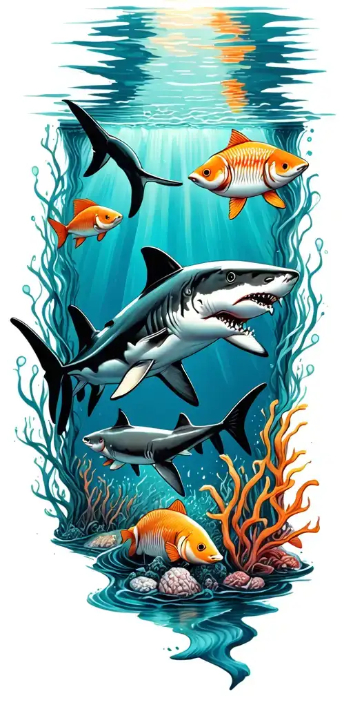 ocean floor with shark and fish tattoo design idea