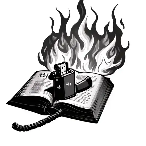 a lighter and a book on fire with 451 degrees in the flame tattoo design idea