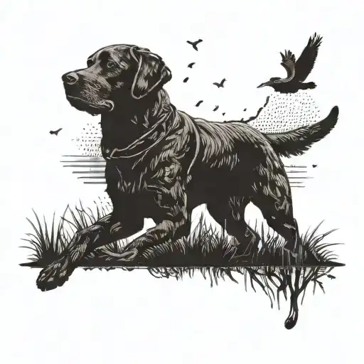 A silhouette of a hunter and his loyal chocolate lab in action during a bird hunt tattoo design idea