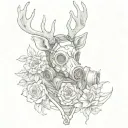 deer with gas mask in a post apocalyptic environment with wounds in his body flowers growing out scary gore stalker  tattoo design idea