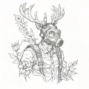 deer with gas mask in a post apocalyptic environment with wounds in his body flowers growing out scary gore stalker  tattoo design idea