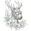 deer with gas mask in a post apocalyptic environment with wounds in his body flowers growing out scary gore stalker  tattoo design idea