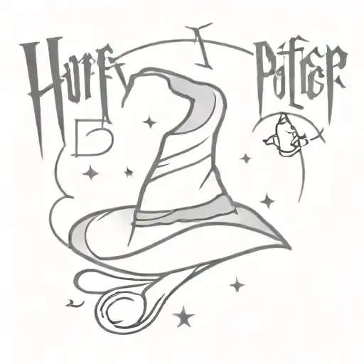 harry potter themed tattoo, the sorting hat, small, the words "hufflepuff!" underneath tattoo design idea