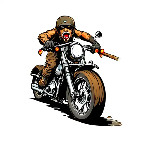 motorcycle rider cartoon character with pierced ears, lips, and biting on a splintered wooden toothpick tattoo design idea