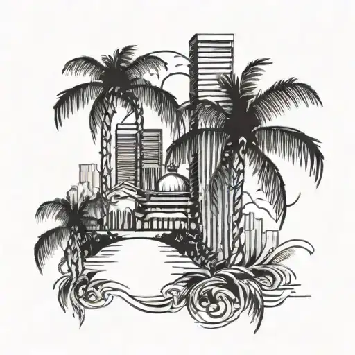 Shanghai and Los Angeles skyline and coconut tree tattoo design idea