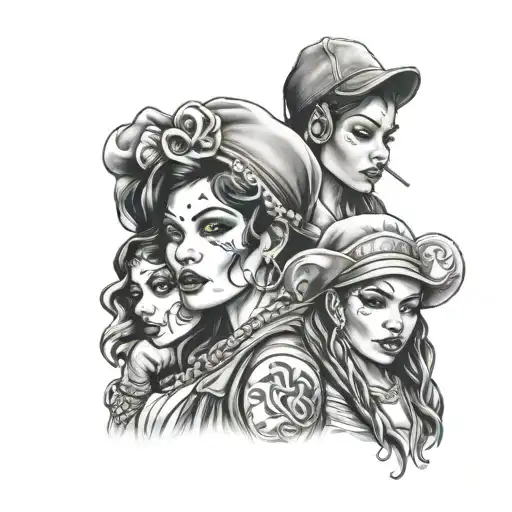 hear no devil see no evil speak no eveil  gangster girl money gangster Los Angeles tattoo design idea