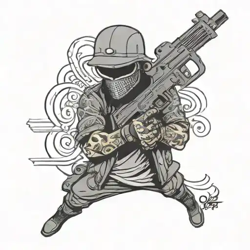 A gangster wearing ski mask  holding a mini draco gun in a unique and artistic way, rendered in black-grey style tattoo design idea