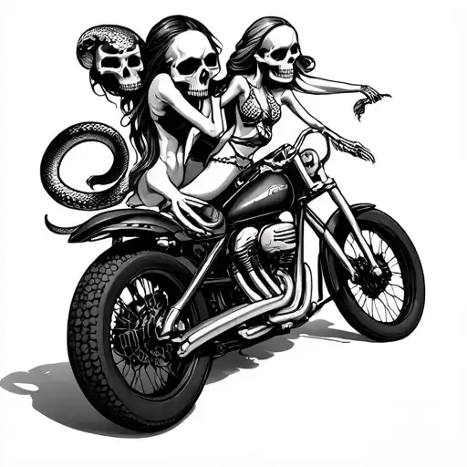 skull with snake and women on motorbike with skeleton hands  tattoo design idea