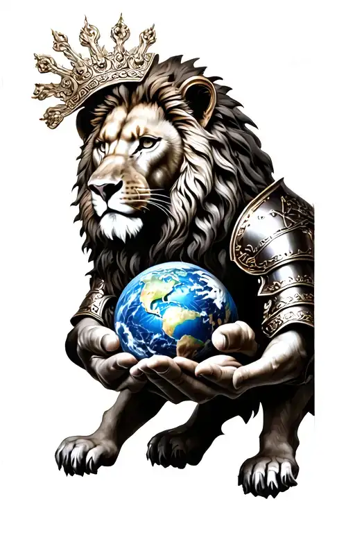 a lion wearing an roman armor holding the world in his hands  tattoo design idea