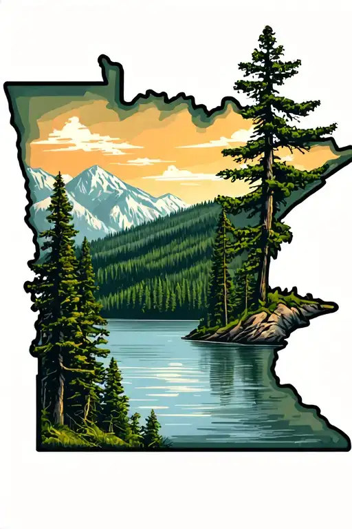 state of Minnesota outline with wilderness lake scene tattoo design idea