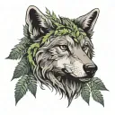 wolf head facing sideways with ferns sprouting around it  tattoo design idea