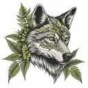 wolf head facing sideways with ferns sprouting around it  tattoo design idea