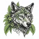 wolf head facing sideways with ferns sprouting around it  tattoo design idea