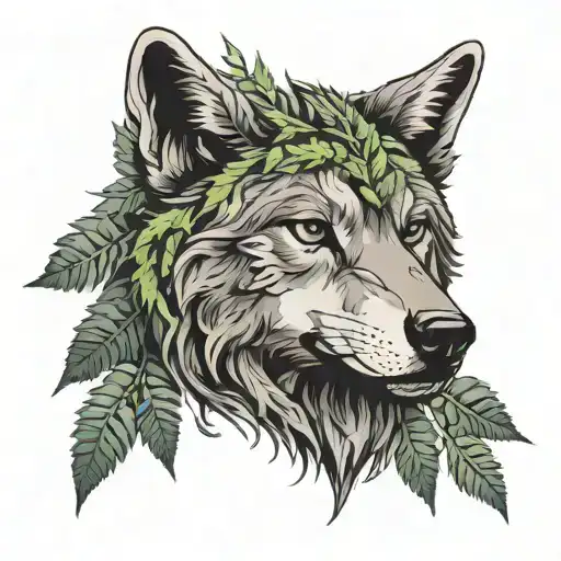 wolf head facing sideways with ferns sprouting around it  tattoo design idea